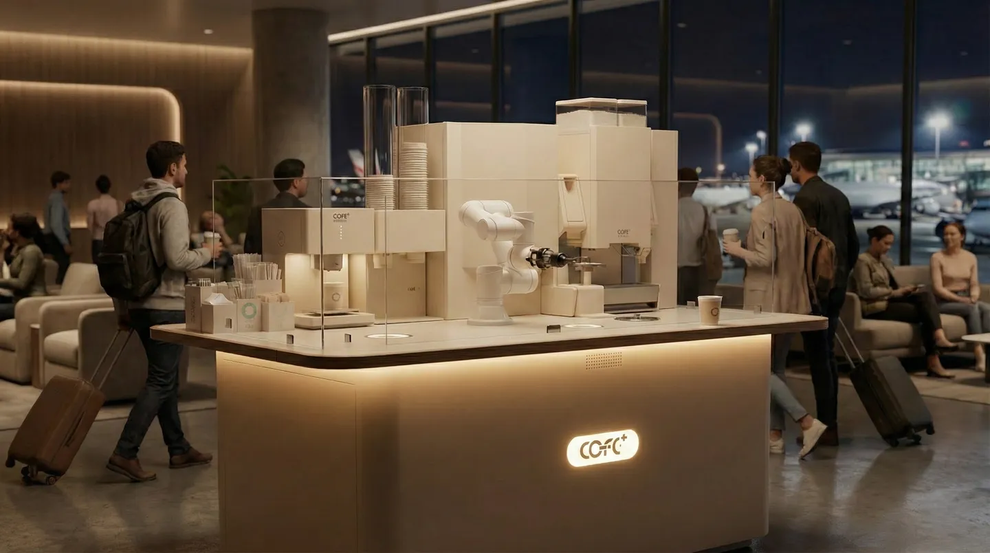 Coffee kiosk serving travelers in transportation hub