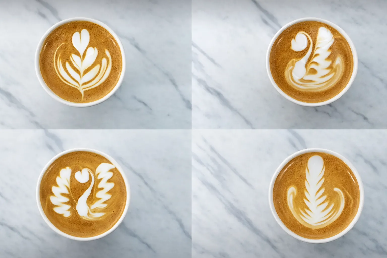 Four distinct latte-art patterns demonstrating beverage personalization