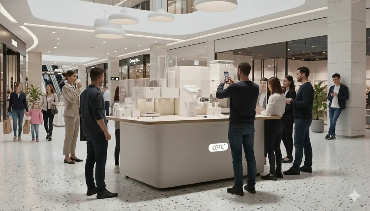 Kaffee-Kiosk mit sichtbarer Schaufensterpräsenz in der Mall