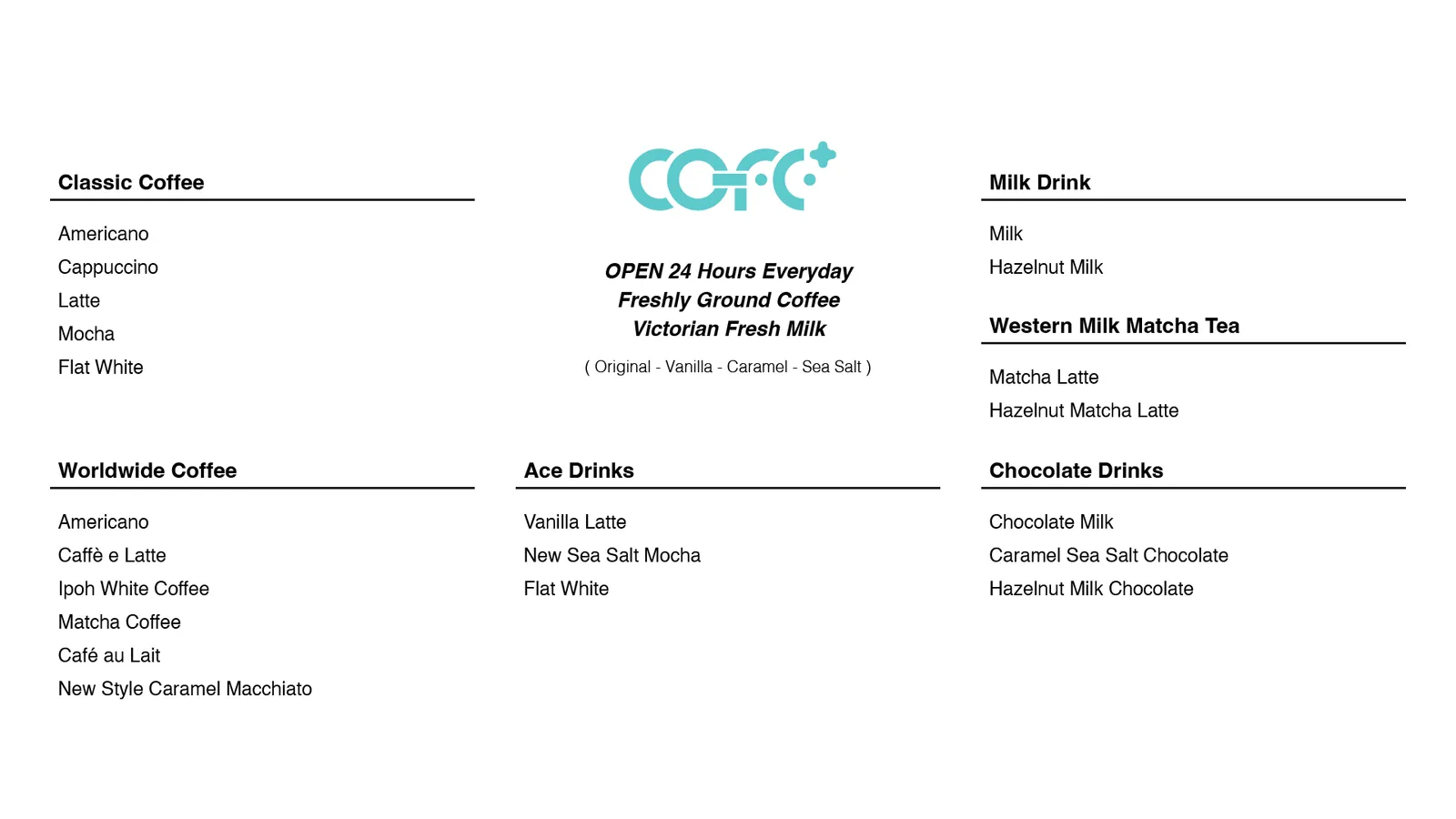 Standard English menu without prices