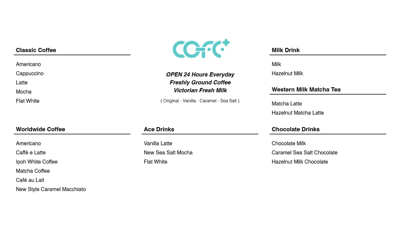 Standard English menu without prices